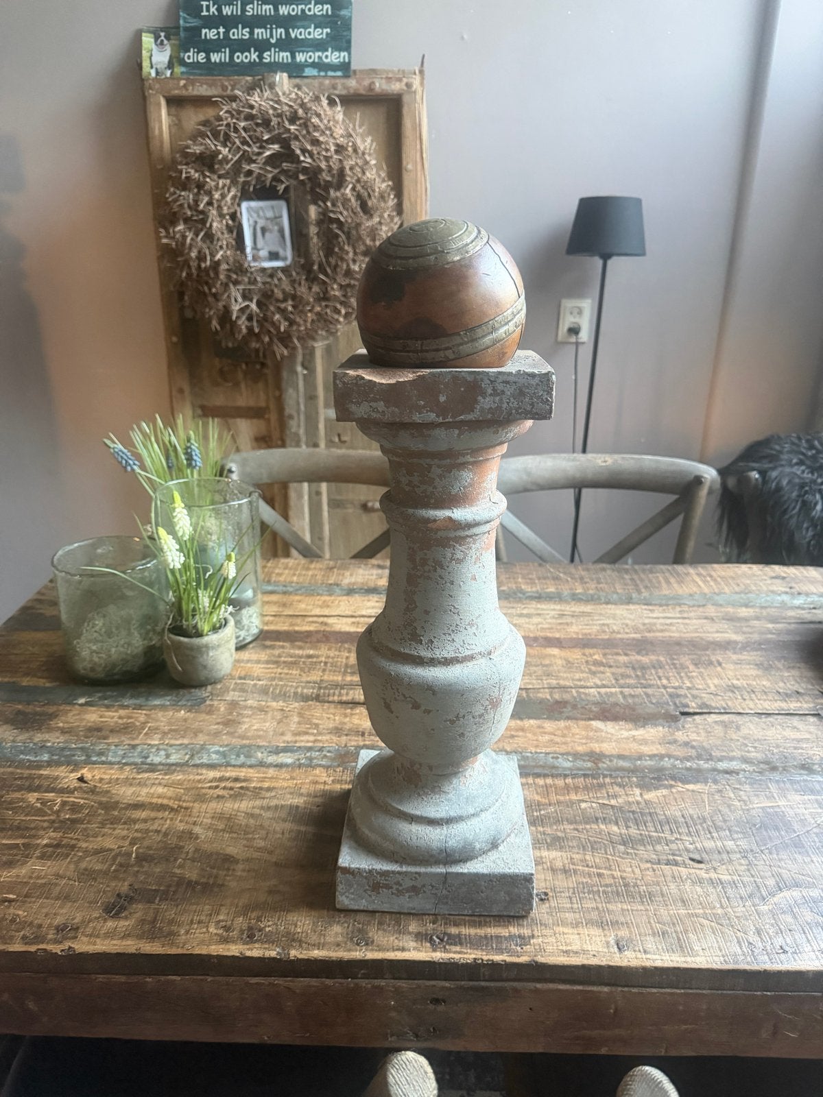 Betonnen Balluster met Hofzz bal - Grijsbruin Patina, Ophalen of Verzenden