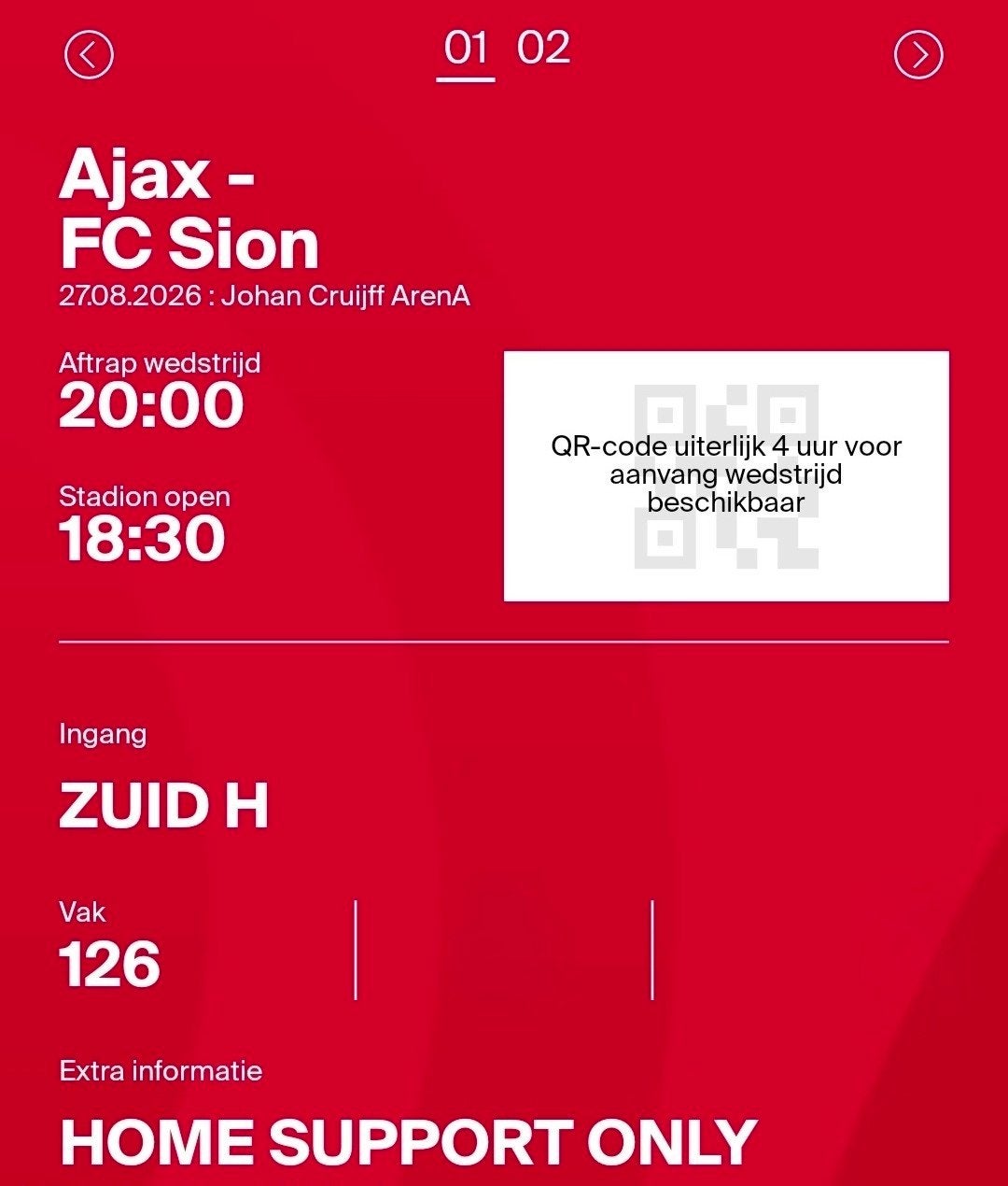 2 tickets Ajax - FC Sion F-Side, Twee personen