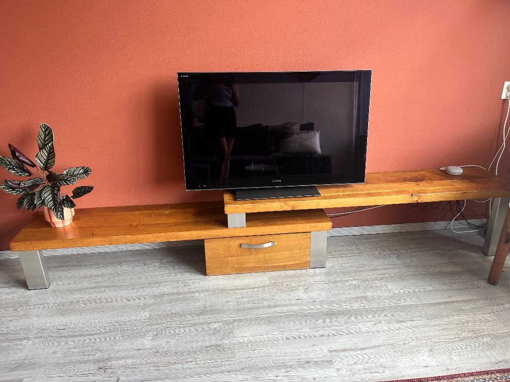 TV meubel, Ophalen, Eikenhout, Zo goed als nieuw, 200 cm of meer