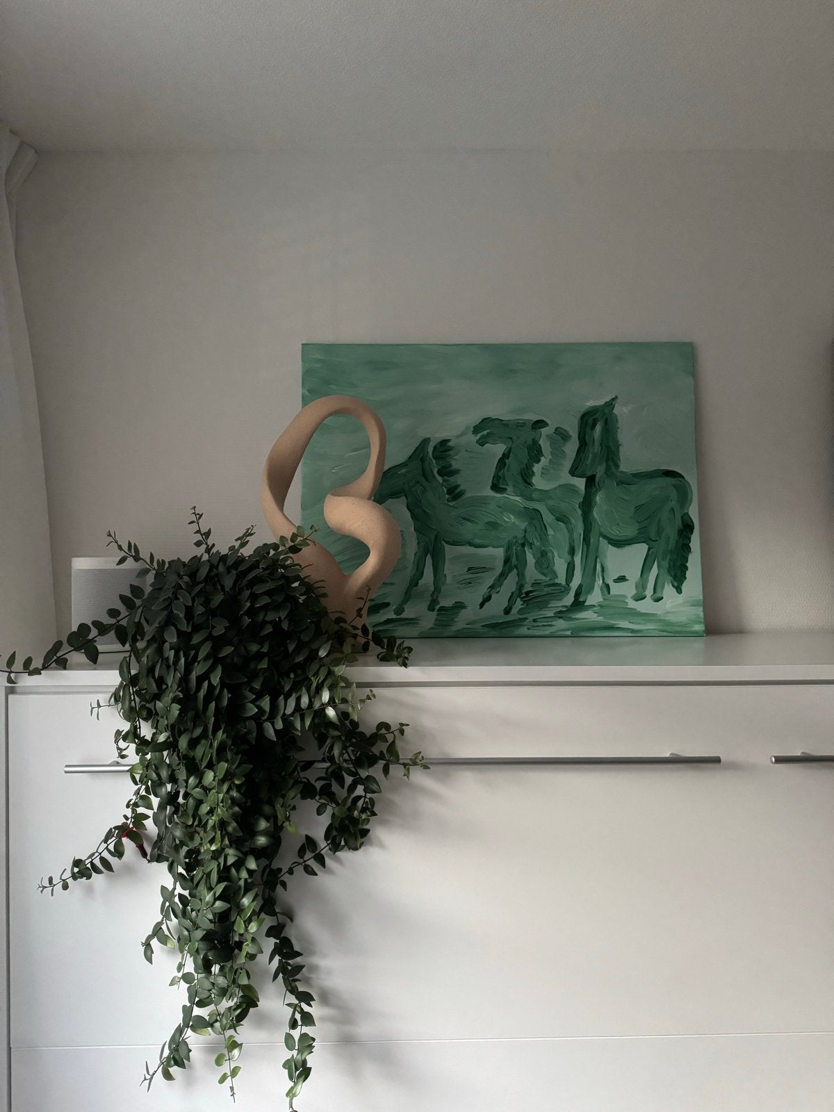 Schilderij 'Dansende Paarden' in Groen en Blauw, Ophalen, Handgeschilderd, Dieren, Olieverf