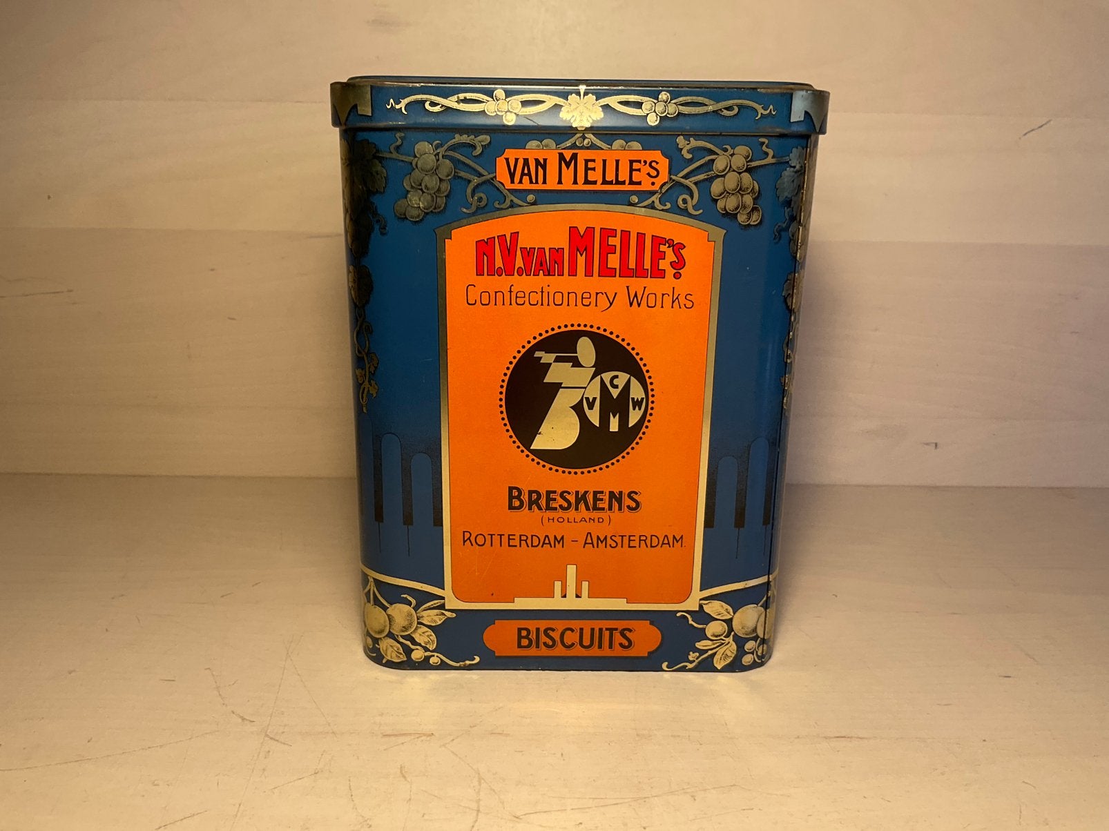Vintage Van Melle’s Biscuits blik N.V. Van Mella’s, Verzamelen, Blikken, Ophalen of Verzenden, Gebruikt, Koek(jes)
