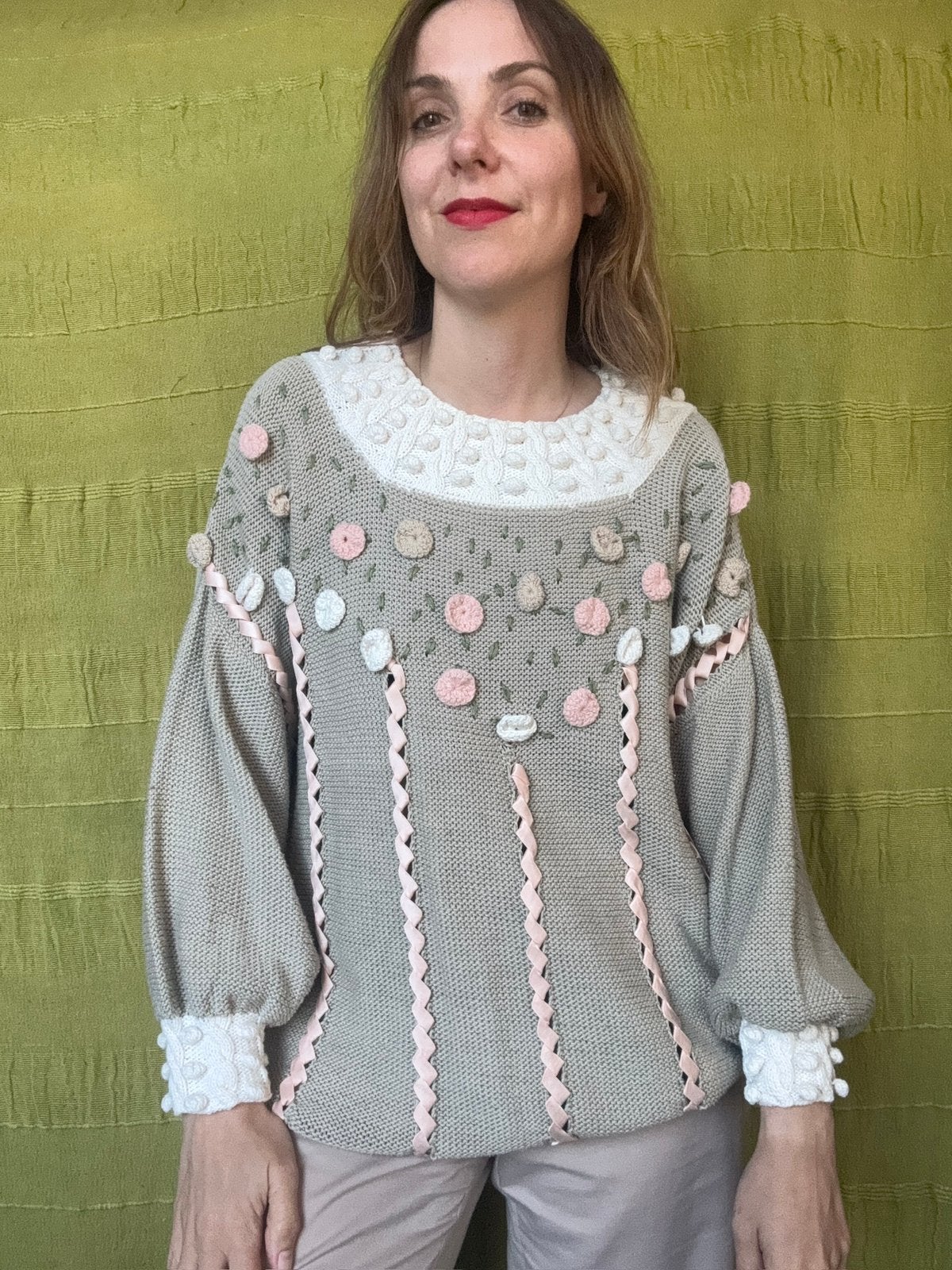 Vintage baggy trui - knitwear - beige - bolletjes -38/M, Maat 38/40 (M), Hgv, Beige, Hgv