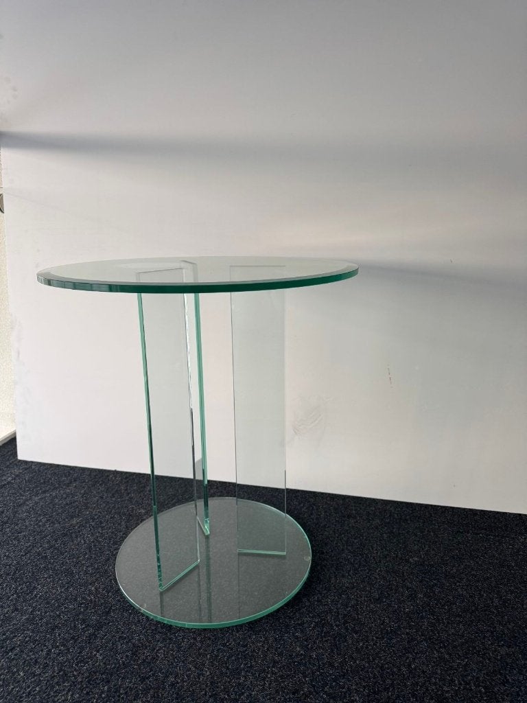 Moderne glazen bijzettafel / design tafel, Minder dan 55 cm, Rond, Ophalen, 45 tot 60 cm