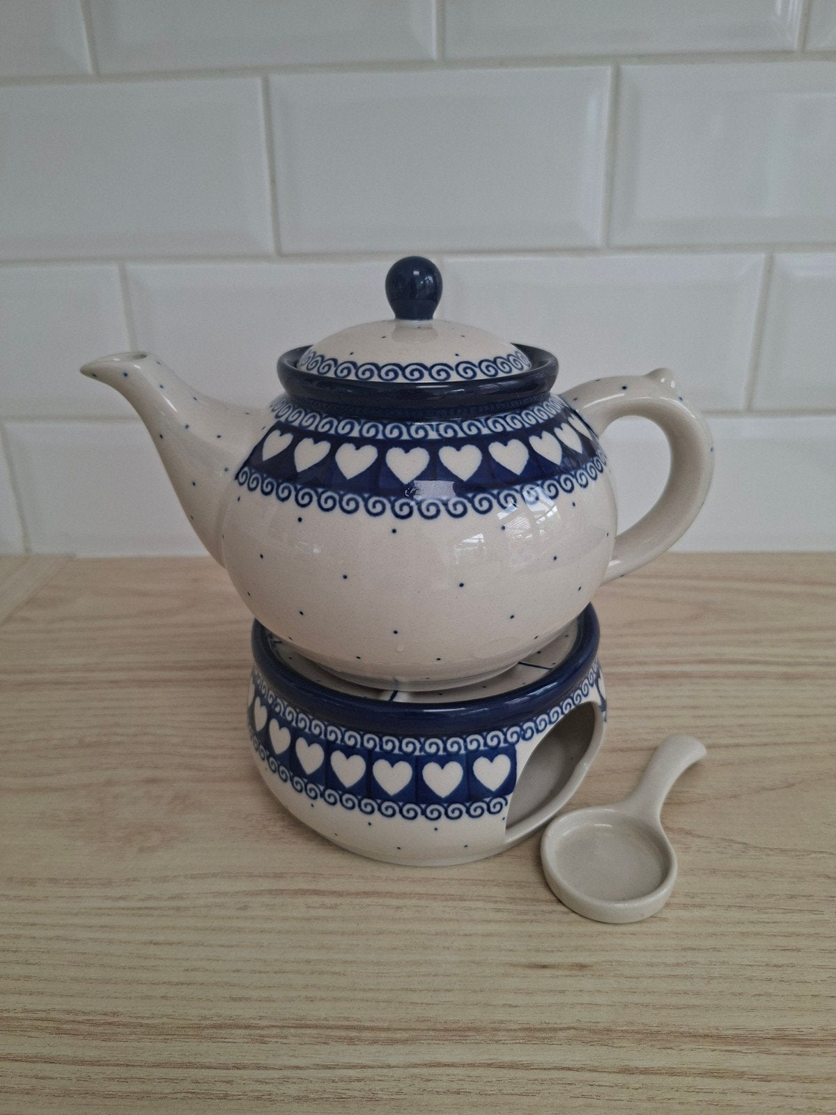 Bunzlau castle theepot met theelichthouder, Theepot/fluitketel, Blauw, Ophalen of Verzenden, Zo goed als nieuw