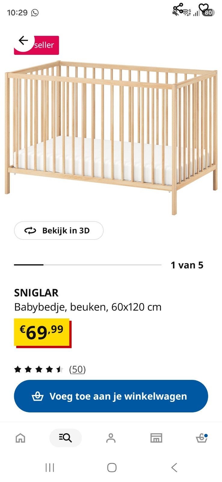 IKEA Sniglar ledikant - 2 maanden gebruikt als co-sleeper, Ophalen, Zo goed als nieuw, Ledikant