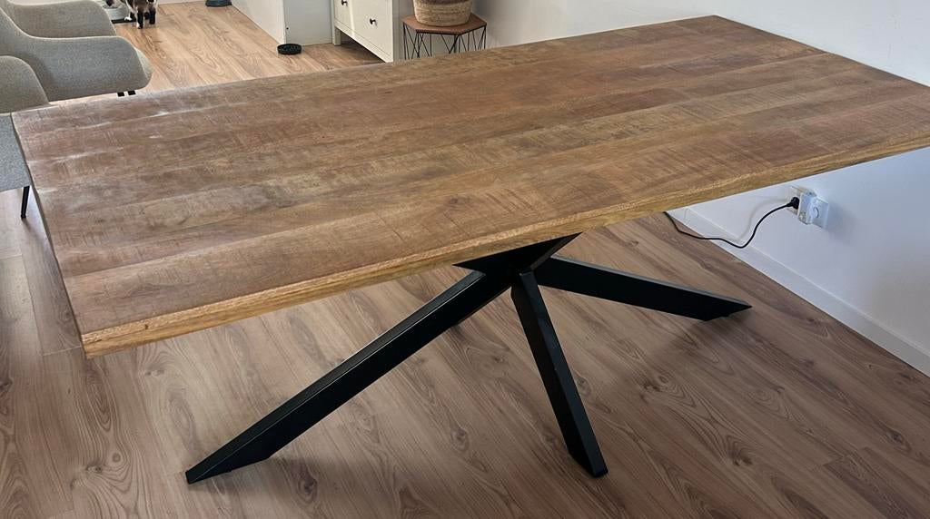 Mango houten eettafel kruispoot, Gebruikt, 150 tot 200 cm, Rechthoekig, Overige houtsoorten