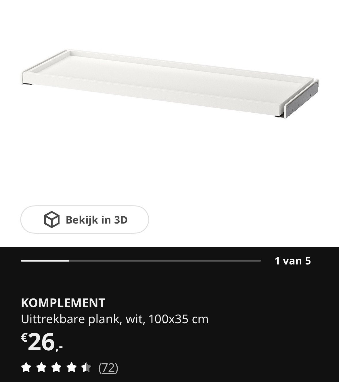 IKEA KOMPLEMENT uittrekbare plank incl. verdeler (100 x 35), Ophalen, 50 tot 100 cm, Zo goed als nieuw, Minder dan 100 cm