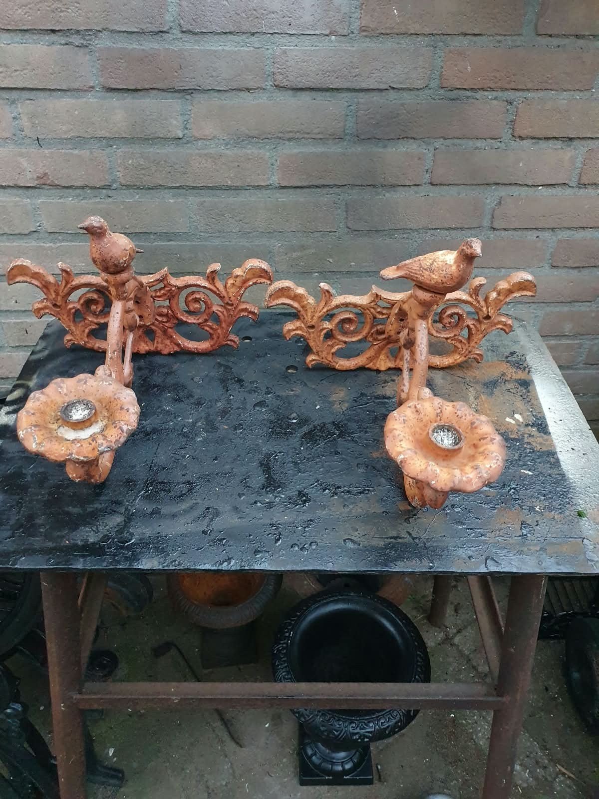 Set van 2 gietijzeren wandkandelaars met vogel, Antiek en Kunst, Ophalen