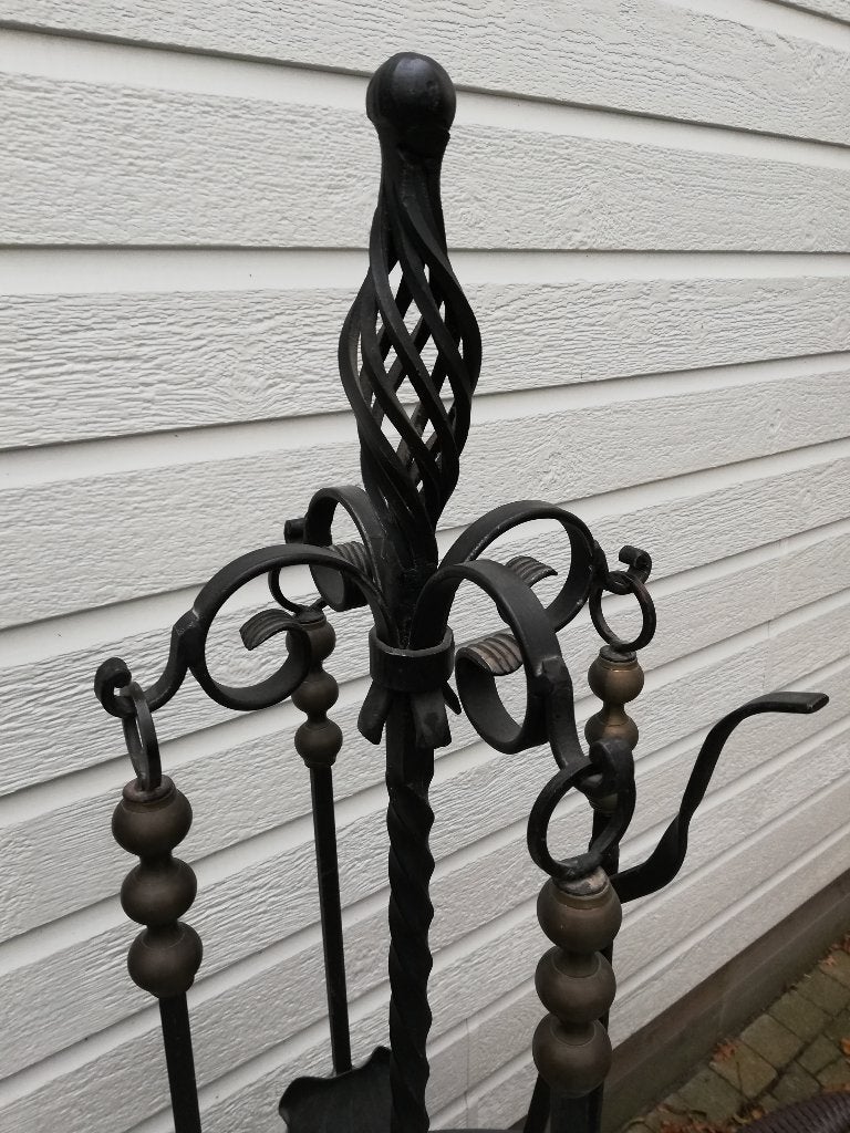 Groot robuust ijzeren haardstel, messing knoppen, 85cm hoog, Ophalen, Zo goed als nieuw, Zwart, Metaal