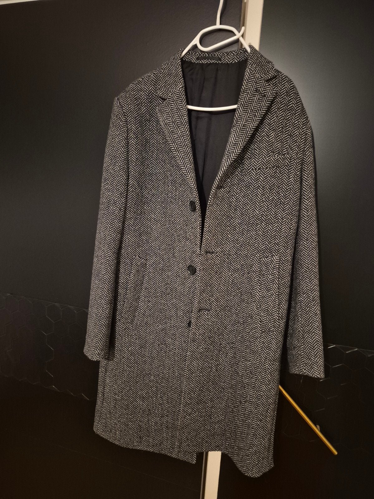 H&M Wollen Jas - Grijs/Zwart Visgraatpatroon Maat (M)., Kleding | Heren, Jassen | Winter, Overige maten, Ophalen of Verzenden