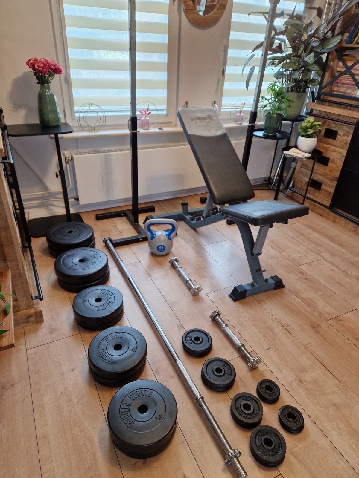 haltersteunen bankje stang dumbelsen gewichten, Sport en Fitness, Ophalen, Fitnessbank