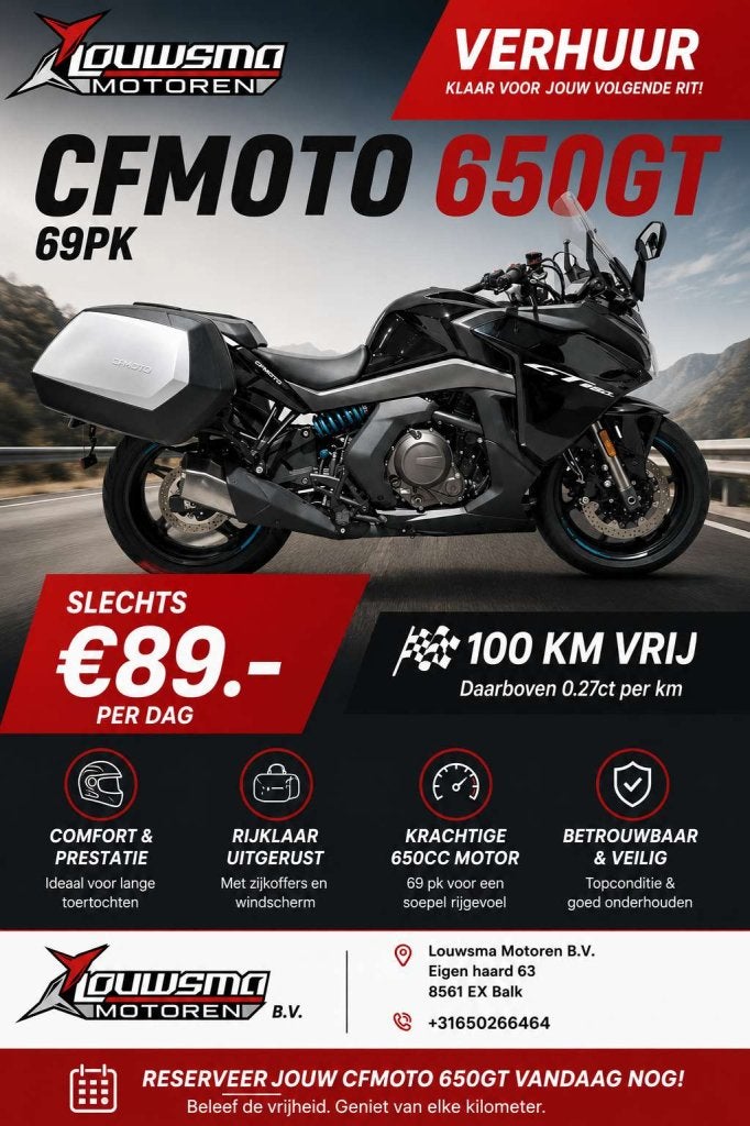 Motor huren CFMoto 650gt Verhuur verhuurmotor, Eigen Haard 63 Balk, Nieuw, Ophalen of Verzenden, Info@louwsmamotoren.nl