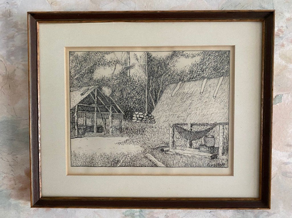 Pentekening  ,   C.v.d.  Hoff   .  1980 - 1981, Antiek en Kunst, Ophalen of Verzenden, Tekening, Pentekening