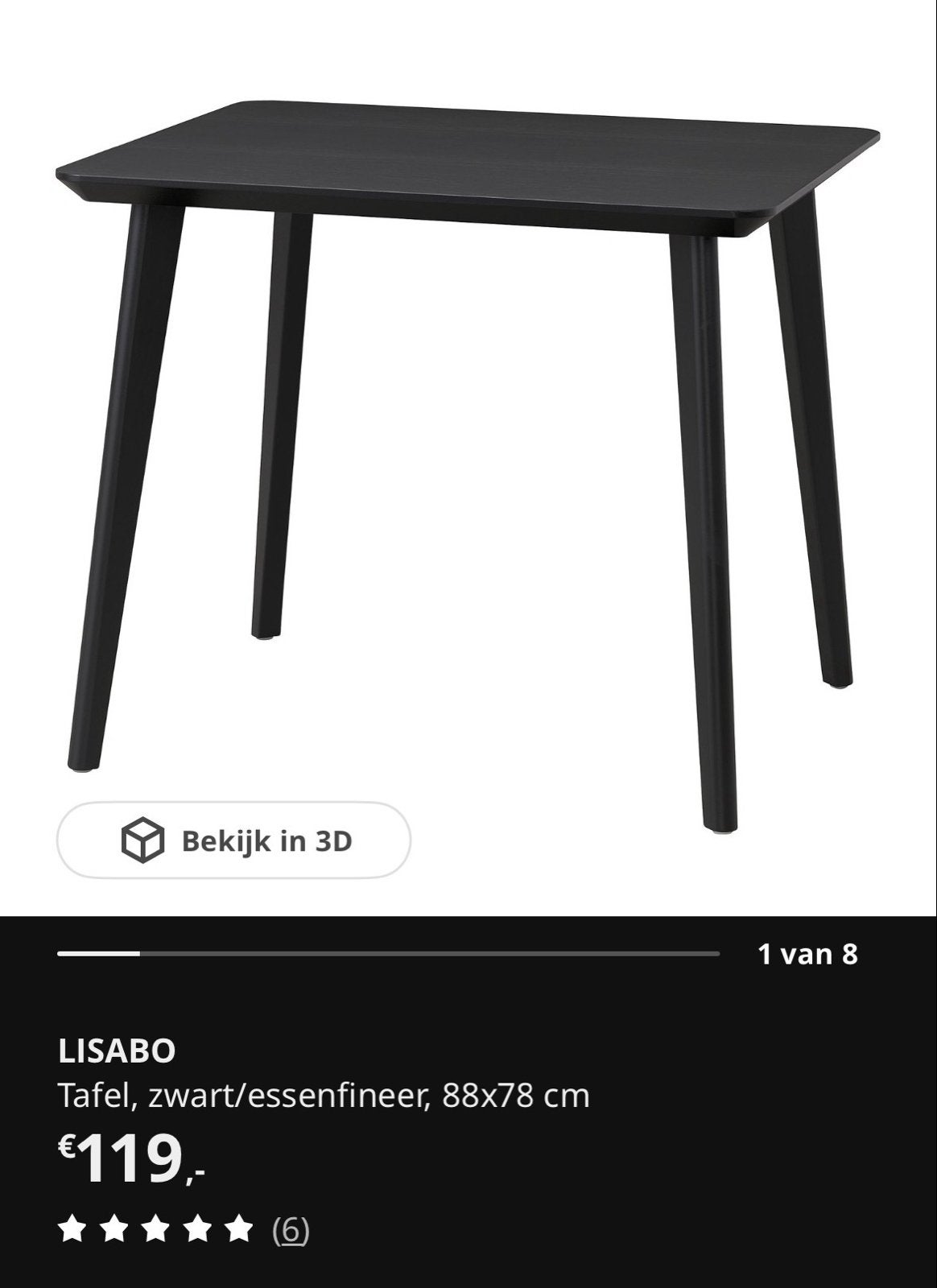 IKEA LISABO Tafel, zwart/essenfineer, 88x78 cm, Ophalen, Tot twee personen, 50 tot 100 cm, Zo goed als nieuw