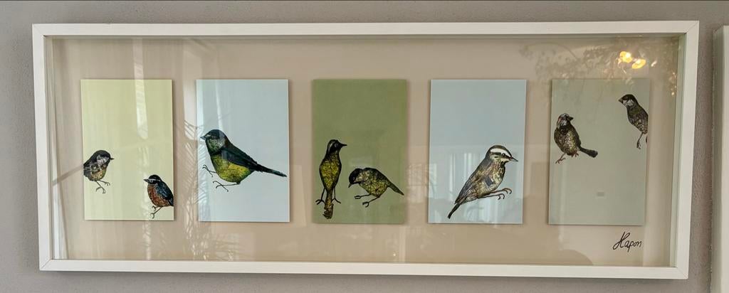 Uniek ingelijst kunstwerk met vogels - Handgemaakt, Ophalen of Verzenden, Zo goed als nieuw