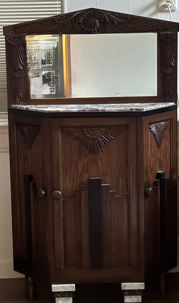 Art Deco hoekkast met spiegel en marmeren blad, Ophalen