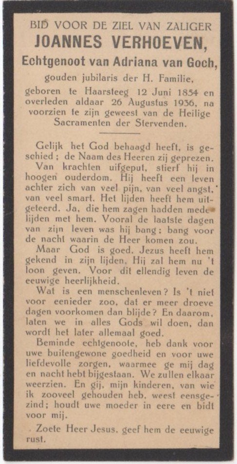 Joannes Verhoeven 1854 Haarsteeg + 1936 Haarsteeg, 82 jaar, Ophalen of Verzenden