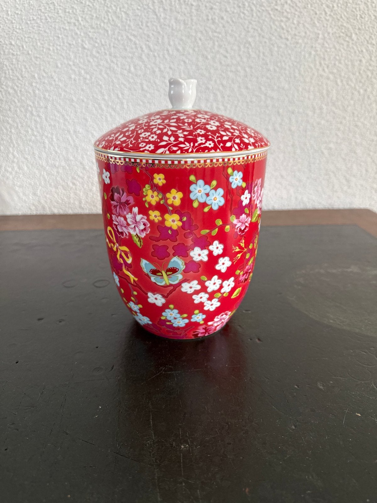 Prachtige Pip Studio suikerpot/voorraadpot rood met bloemen, Gebruikt, Ophalen of Verzenden, Modern, Porselein