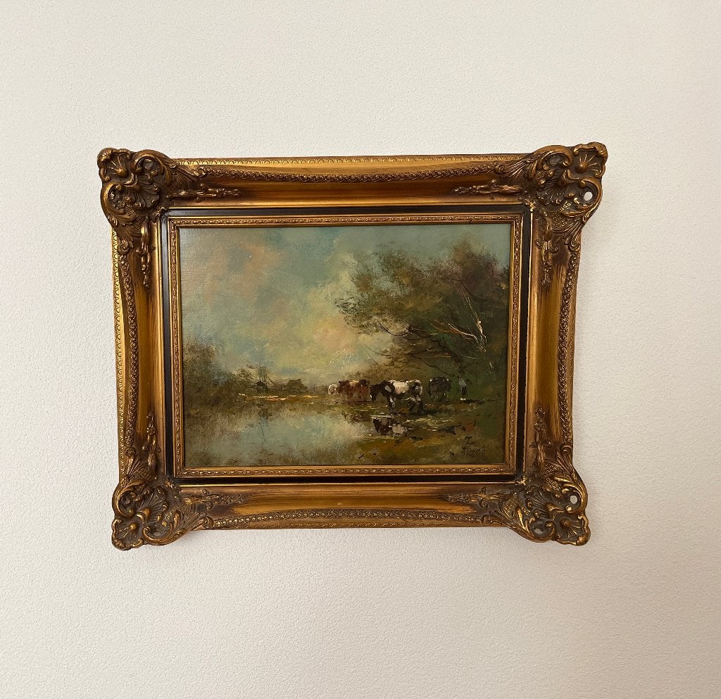 Leuk koeien schilderij op paneel.
