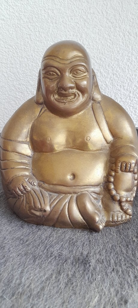 Oosters Boeddha beeld - zware koper/brons legering - 1,4 kg, Verzenden, 16 cm, Handgemaakt, Goud