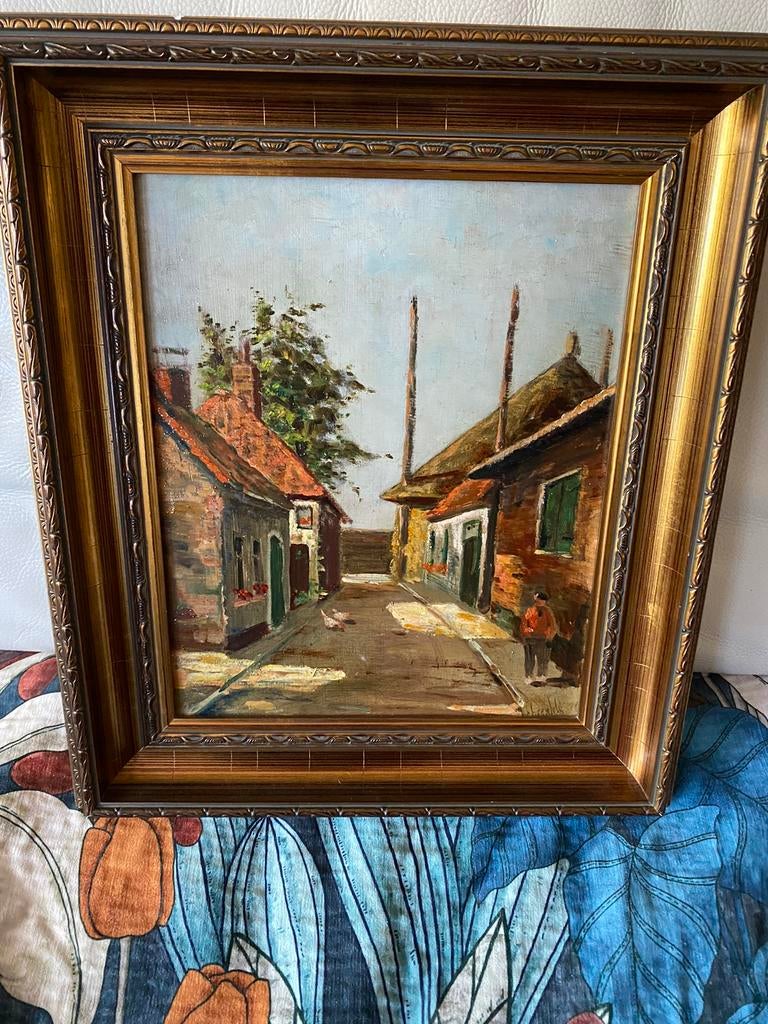 Straatje met boerderij, Antiek en Kunst, Kunst | Schilderijen | Klassiek, Ophalen of Verzenden