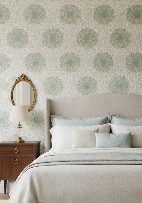 7125 vintage medaillon behang in blauw en goud motief swiet, Ophalen of Verzenden, Blauw