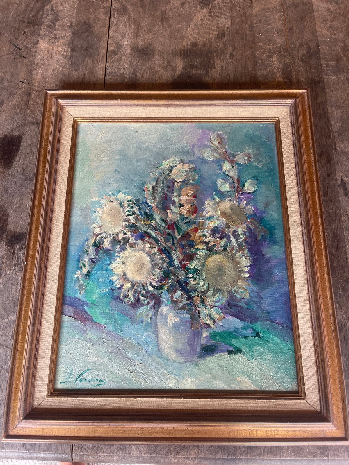 Schilderij met zonnebloemen in vaas, gesigneerd, Ophalen, Bloemen, Textiel, Gesigneerd