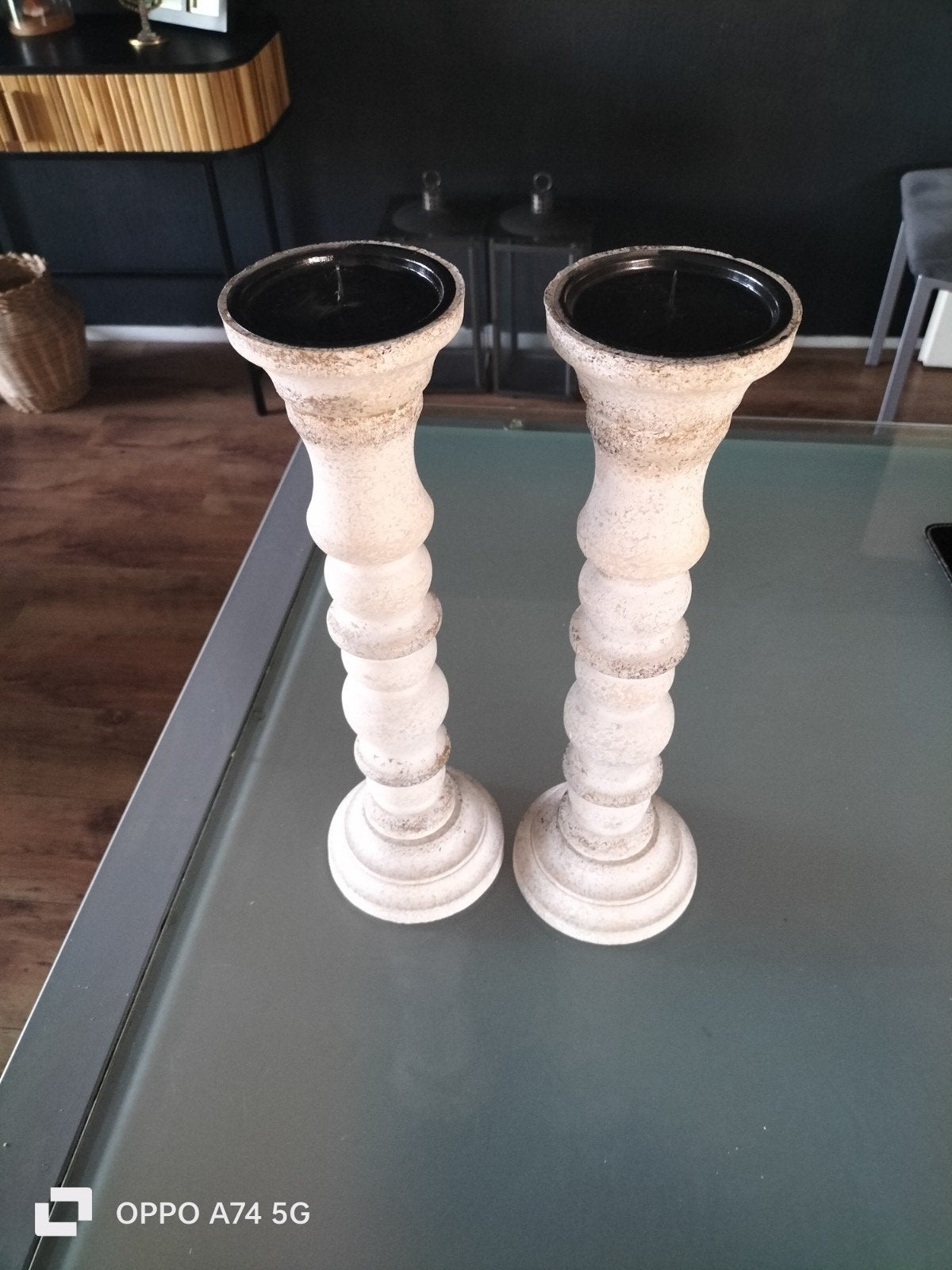 2 Grote Crème Witte Houten Kandelaars, Ophalen of Verzenden