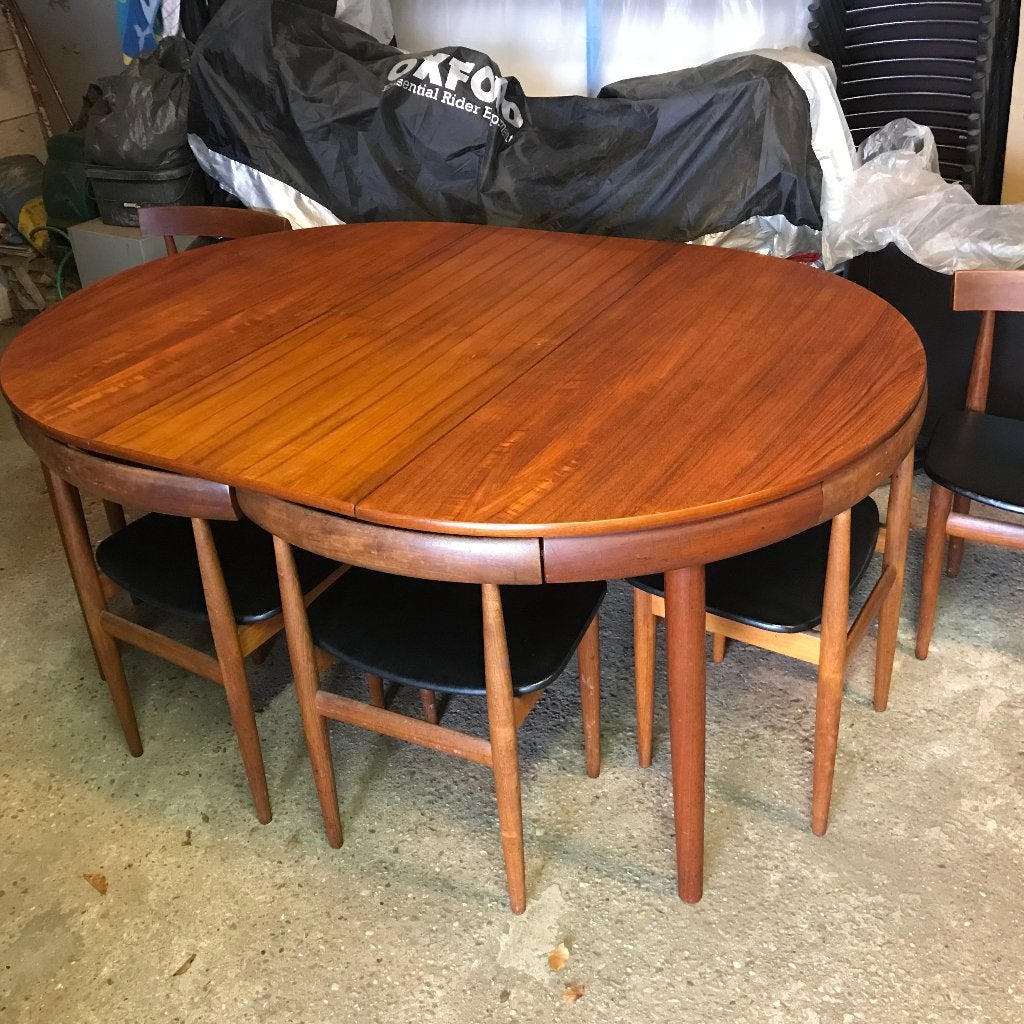 6 stoelen en tafel Hans Olsen Frem Rojle vintage, Huis en Inrichting, Gebruikt, Bruin, Ophalen of Verzenden, Nvt