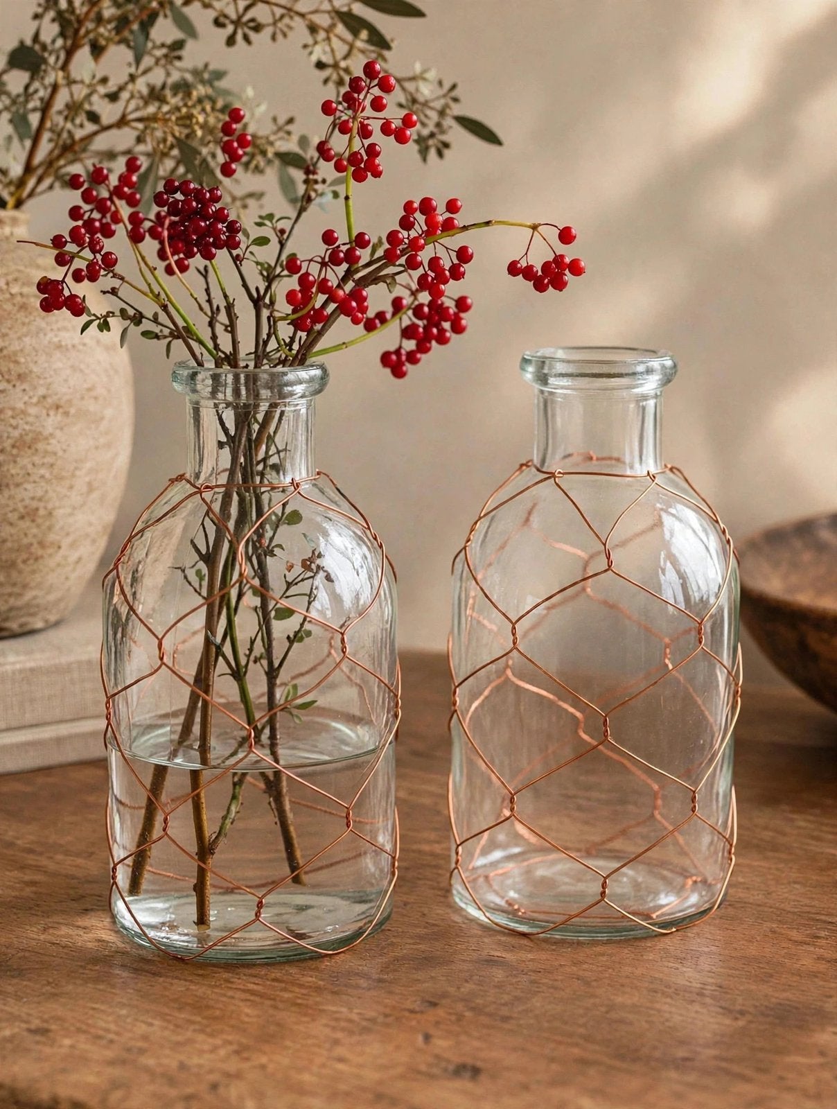 Set van 2 Glazen Vaasjes koperdraad / Flesje Boho Vintage, Ophalen of Verzenden, Zo goed als nieuw, Met patroon/structuur, Glas