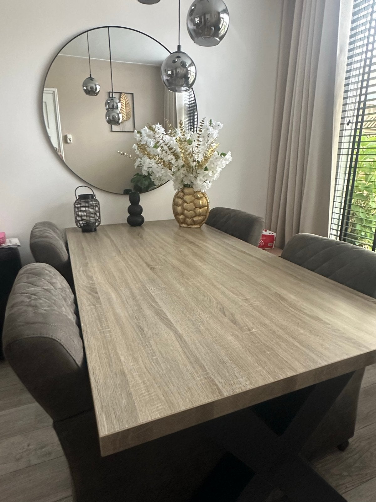 Moderne eettafel met x potten en houtlook en blad 190x100x78, Ophalen, Gebruikt, 50 tot 100 cm, 150 tot 200 cm