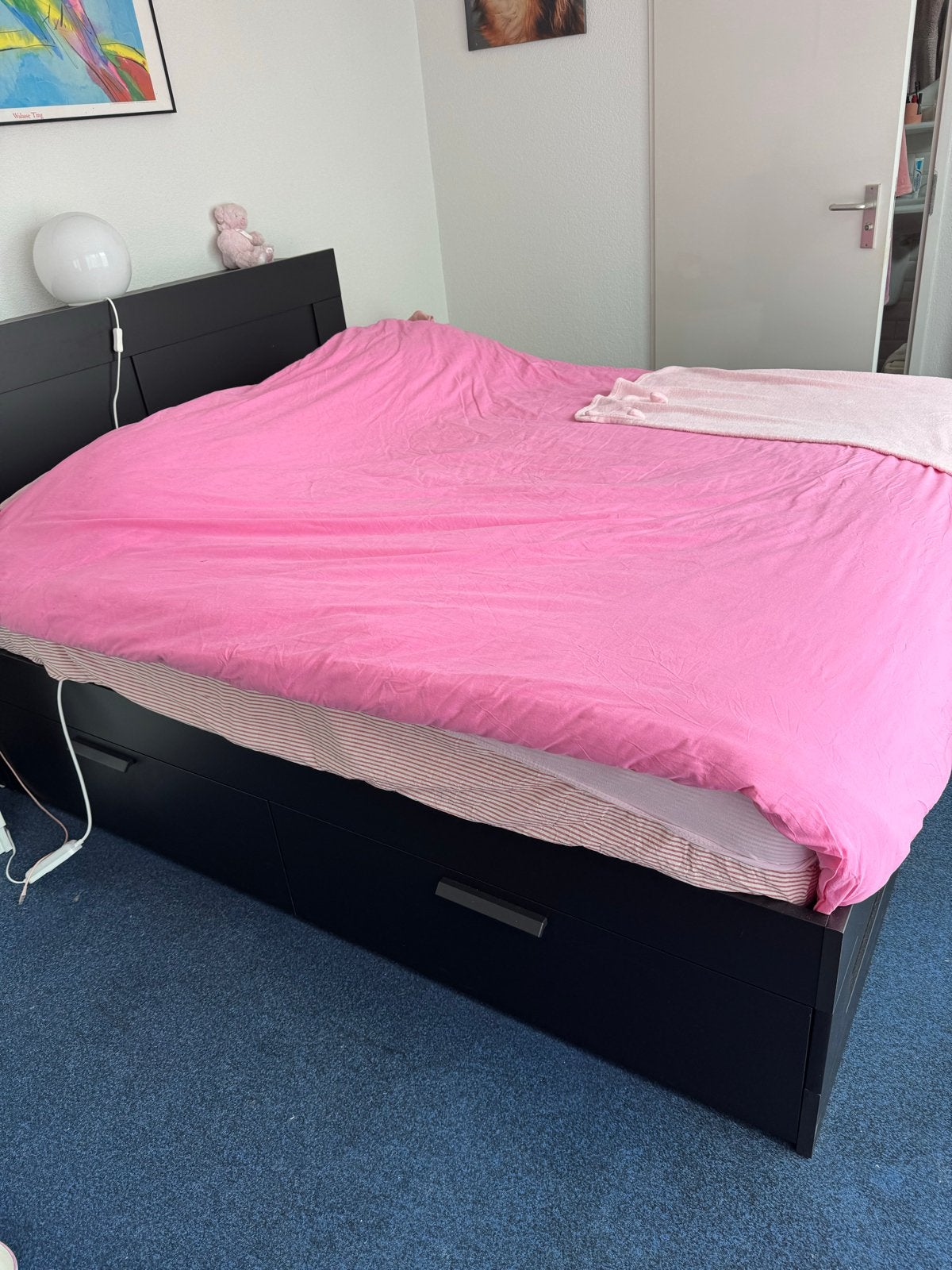Tweepersoonsbed ikea 160/200  met opbergruimte en hoofdbord, Ophalen, Zwart, Tweepersoons, Zo goed als nieuw