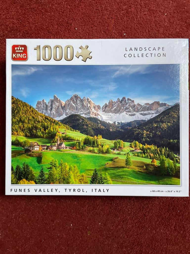 King Legpuzzel 1000 stukjes - Funes Valley, Tirol, Italië, Ophalen of Verzenden, 500 t/m 1500 stukjes, Zo goed als nieuw, Legpuzzel