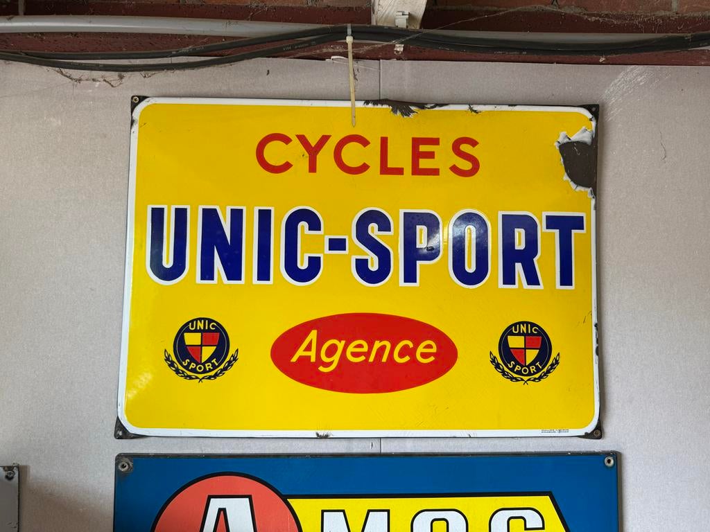 Vintage Emaille Bord Cycles Unic-Sport Agence, Reclamebord, Gebruikt, ., Ophalen of Verzenden