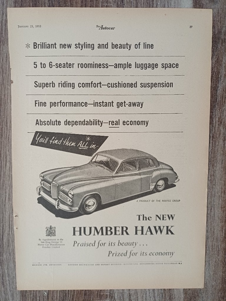 Originele Humber Hawk advertentie uit 1953, Verzenden, Gelezen, Overige merken