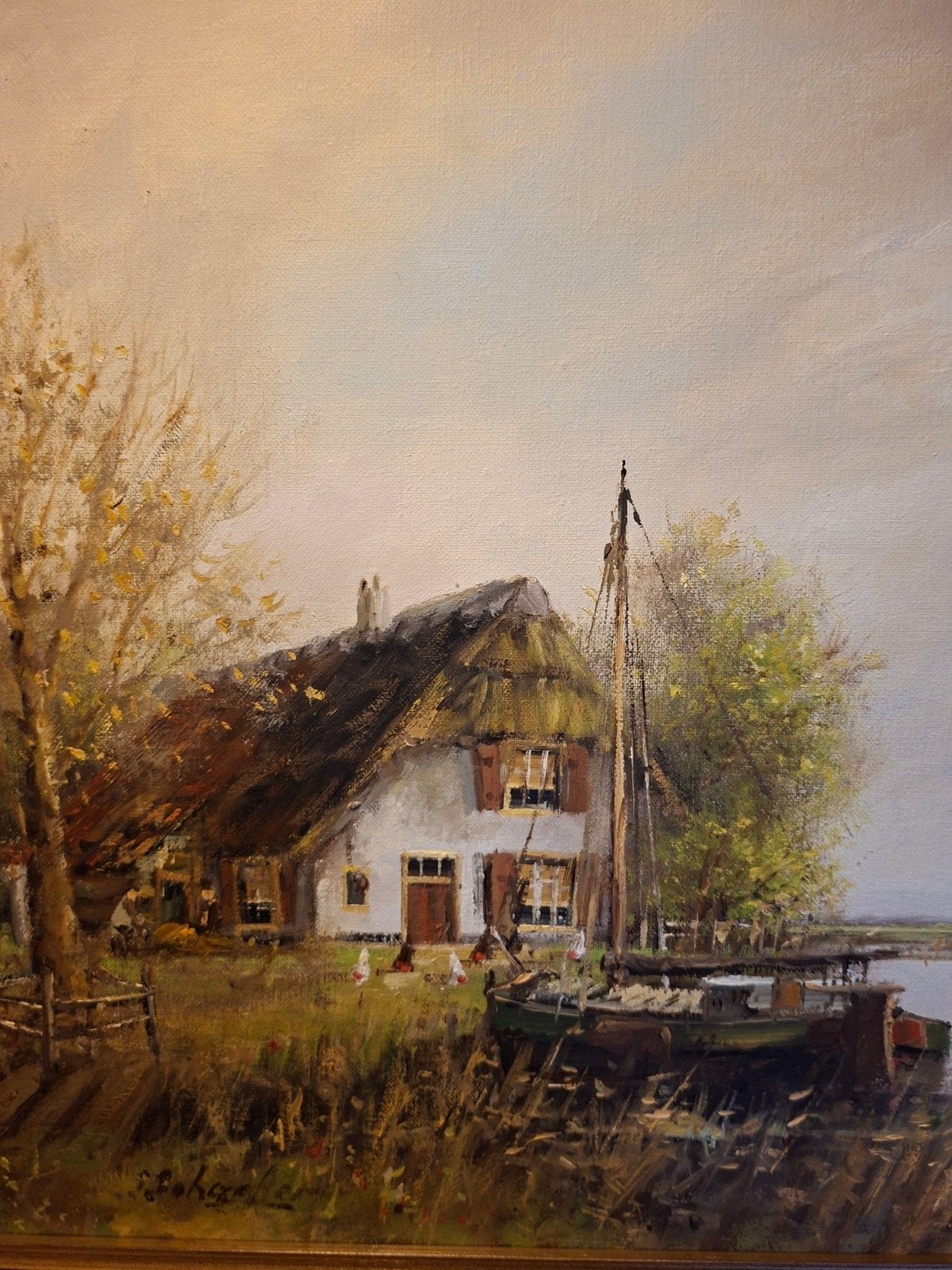 Siem Schaeffer Boerderij met boot - Olieverf op doek, Antiek en Kunst, Ophalen, Doek, Realistisch, Landschap