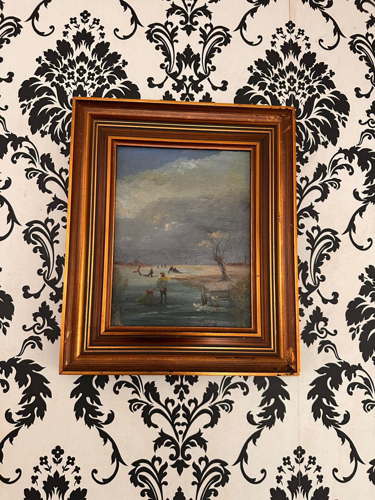 Olieverfschilderij Winterlandschap met schaatsers, Ophalen, Paneel, Landschap, Olieverf