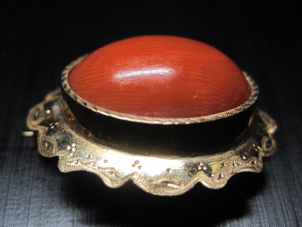 Bloedkoraal broche 14K goud Holland circa 1880, Sieraden, Tassen en Uiterlijk, Antieke sieraden, Ophalen, Goud, Broche