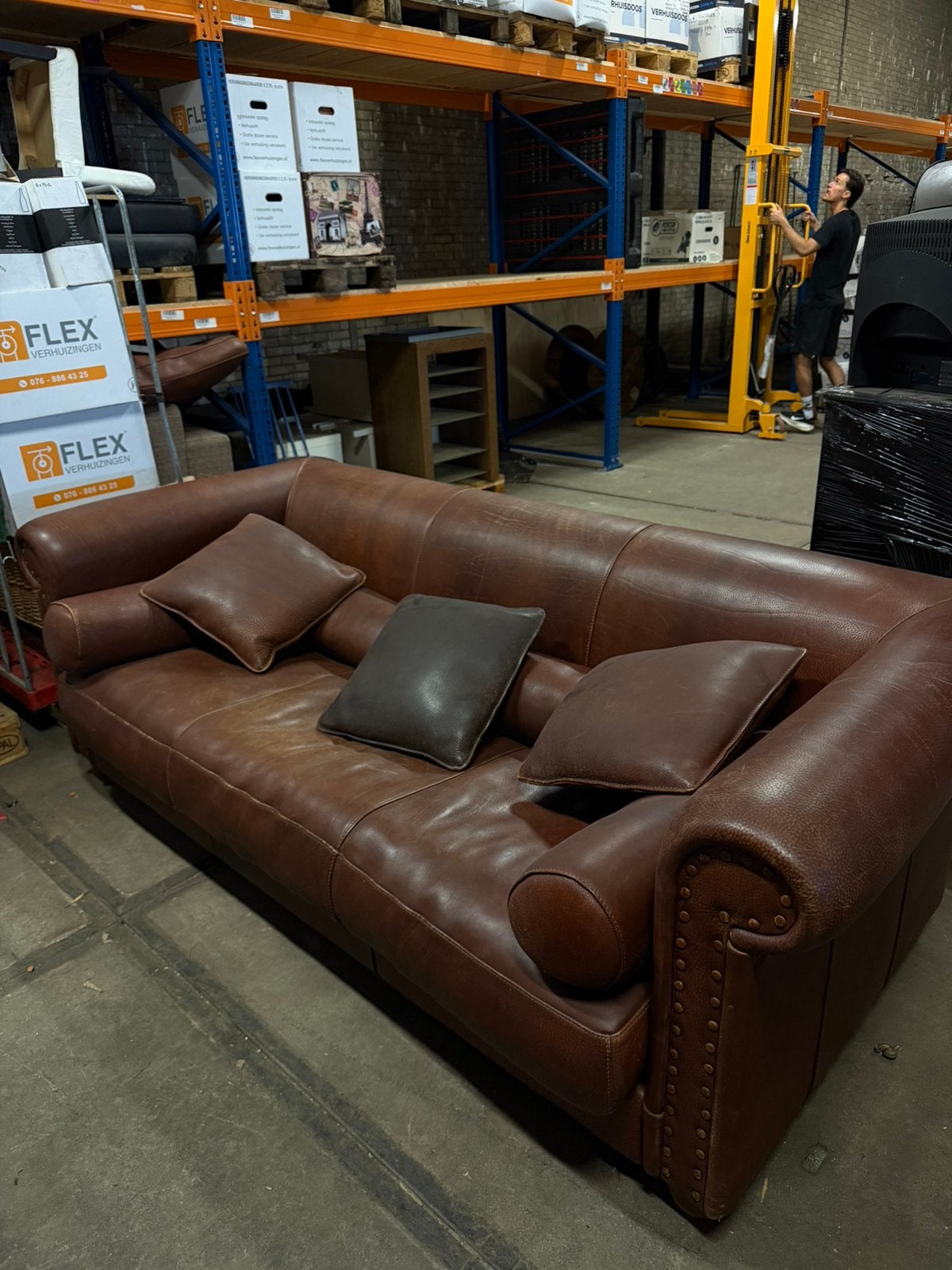 Baxter design leren bank – cognac/bruin, Ophalen, Gebruikt, Leer
