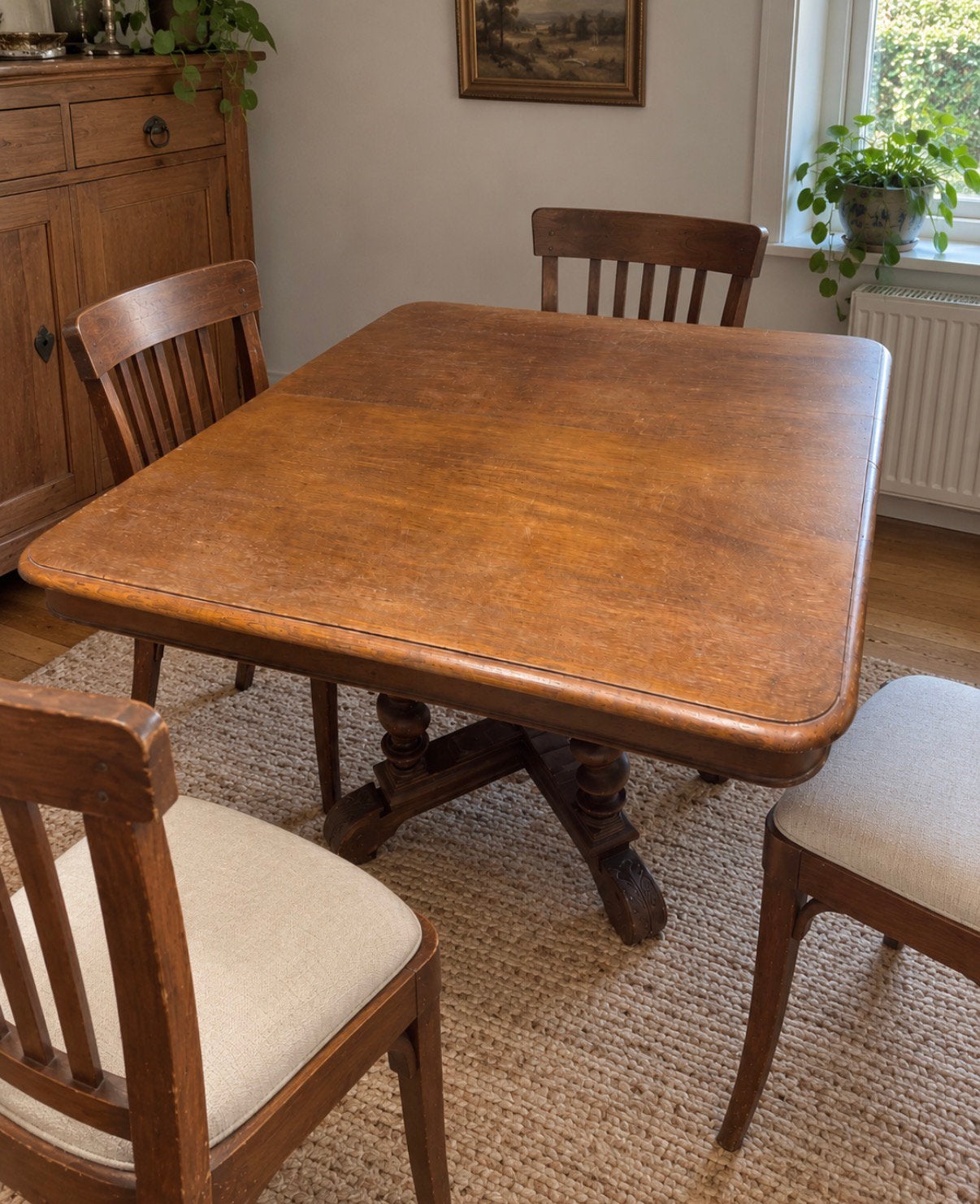 Antieke eikenhouten eettafel – Gedraaide poten ca. 1900, Antiek en Kunst, Ophalen