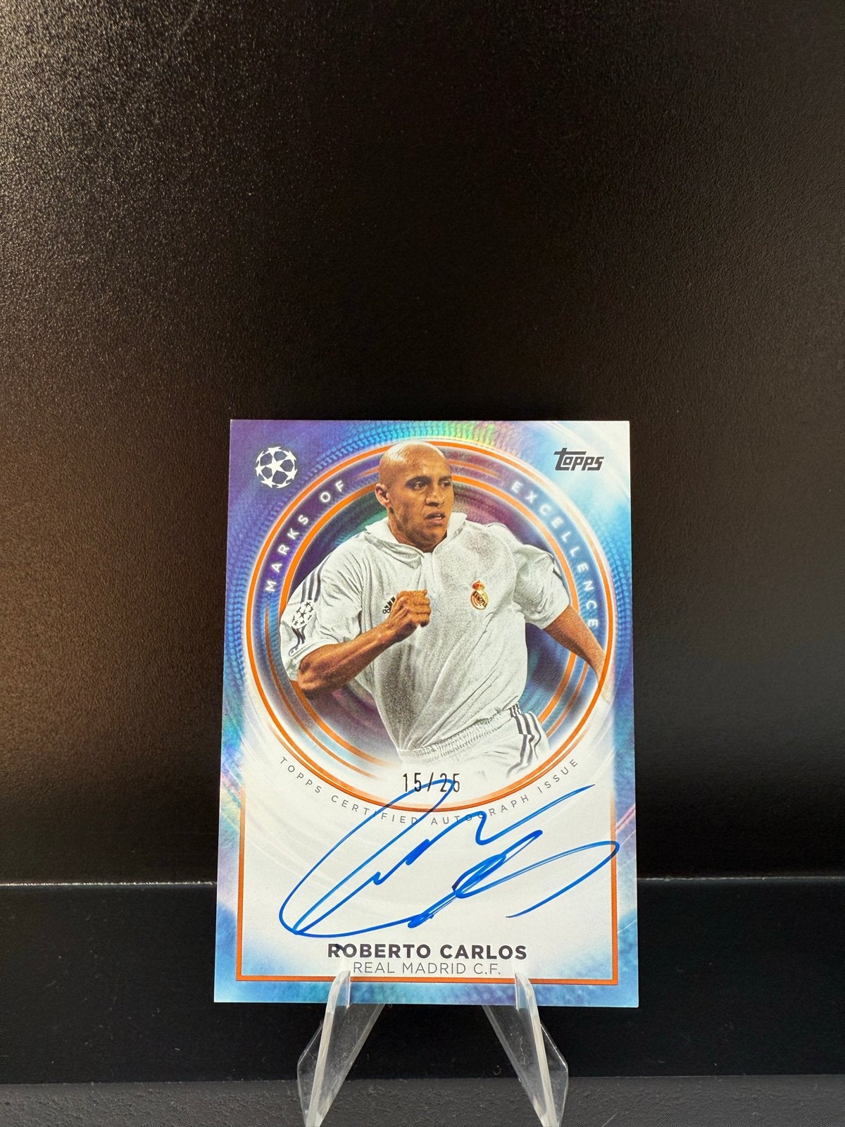 Roberto Carlos Autograaf Kaart Real Madrid - Marks of Excell, Ophalen of Verzenden, Zo goed als nieuw, Buitenlandse clubs, Spelerskaart