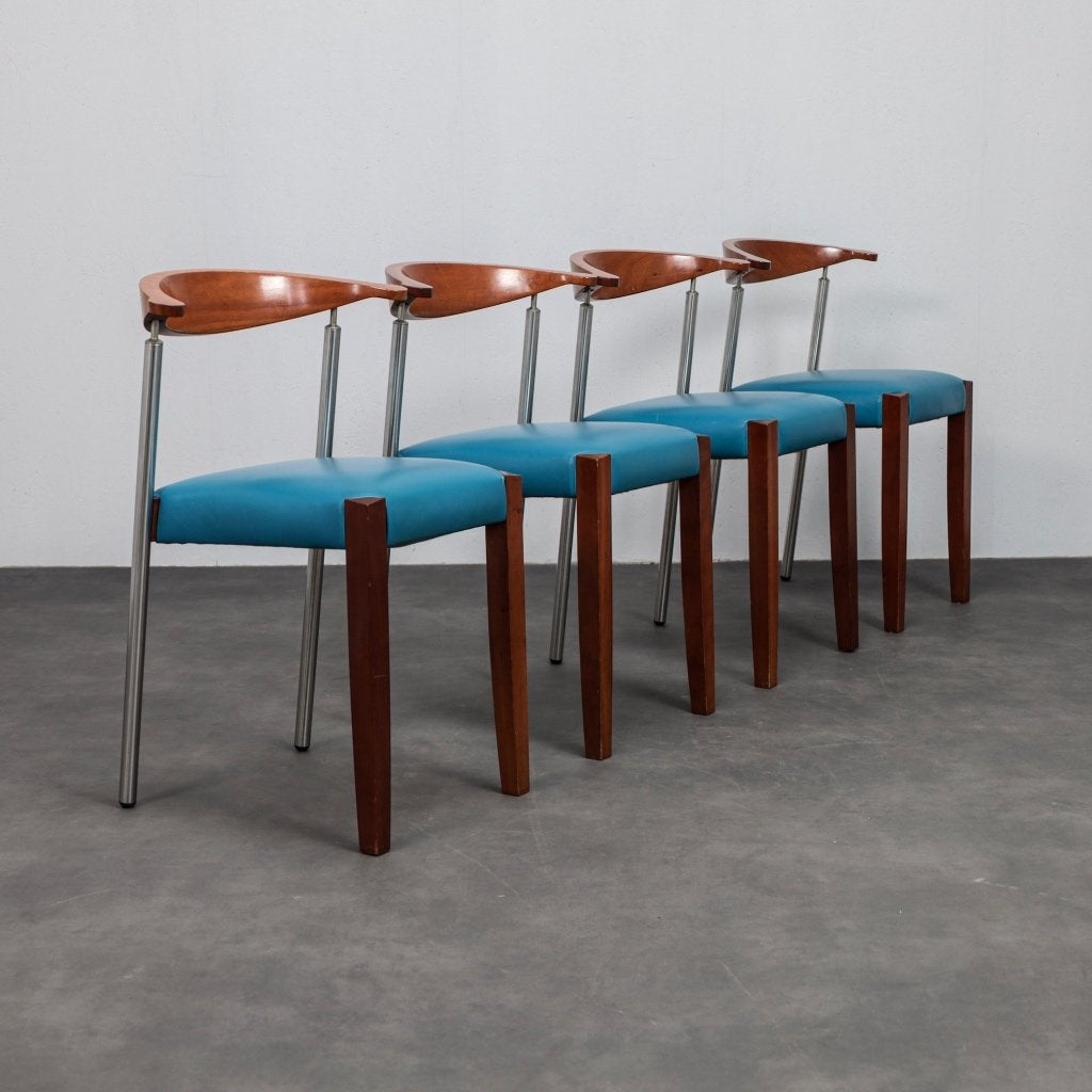 4x Italiaanse Postmoderne Leren Eetkamerstoelen Jaren 90, Huis en Inrichting, Gebruikt, Blauw, Vier, Ophalen