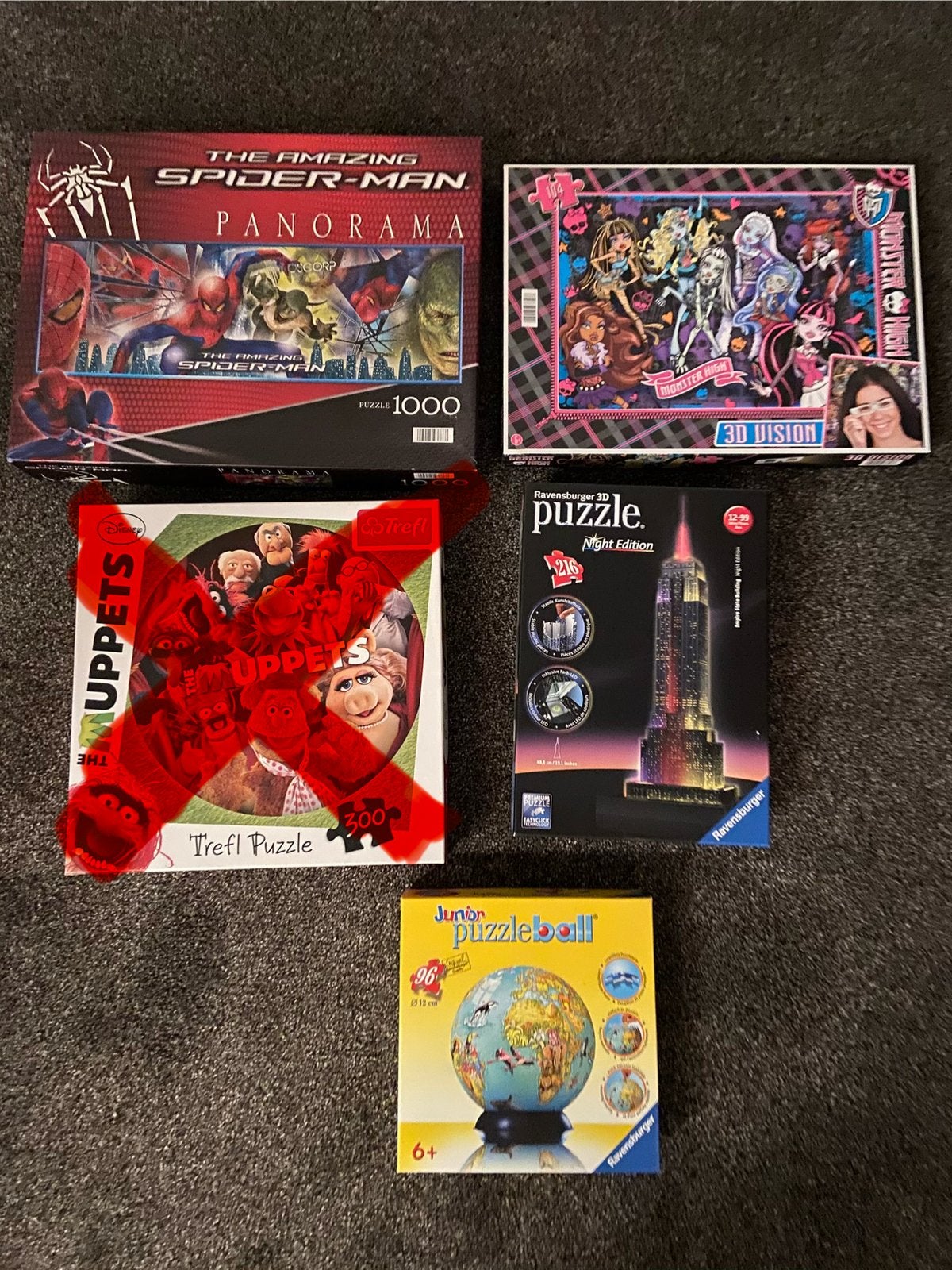 Diverse Puzzels: Spiderman, Monster High, 3D Eiffeltoren, Ophalen of Verzenden, 500 t/m 1500 stukjes, Gebruikt, Legpuzzel