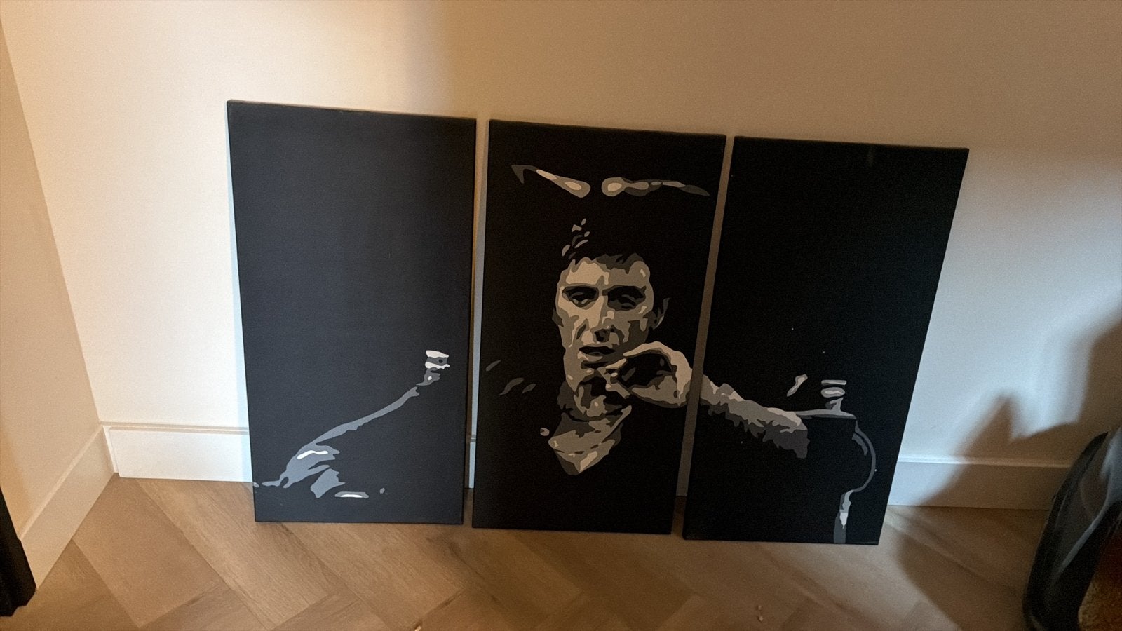 Modern schilderij van Tony Montana (Scarface), Antiek en Kunst, Ophalen, Op houten frame, Textiel, Figuren