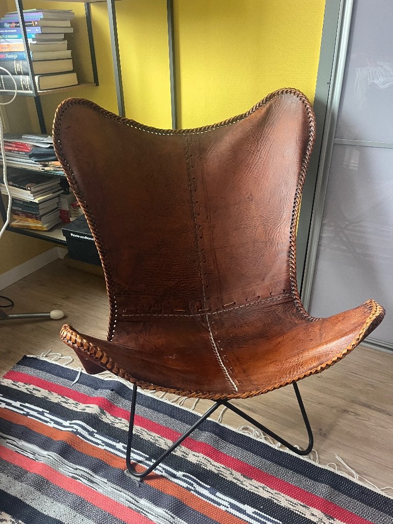 Leren Vlinderstoel, Huis en Inrichting, Stoelen, Ophalen, Bruin, Leer, Zo goed als nieuw