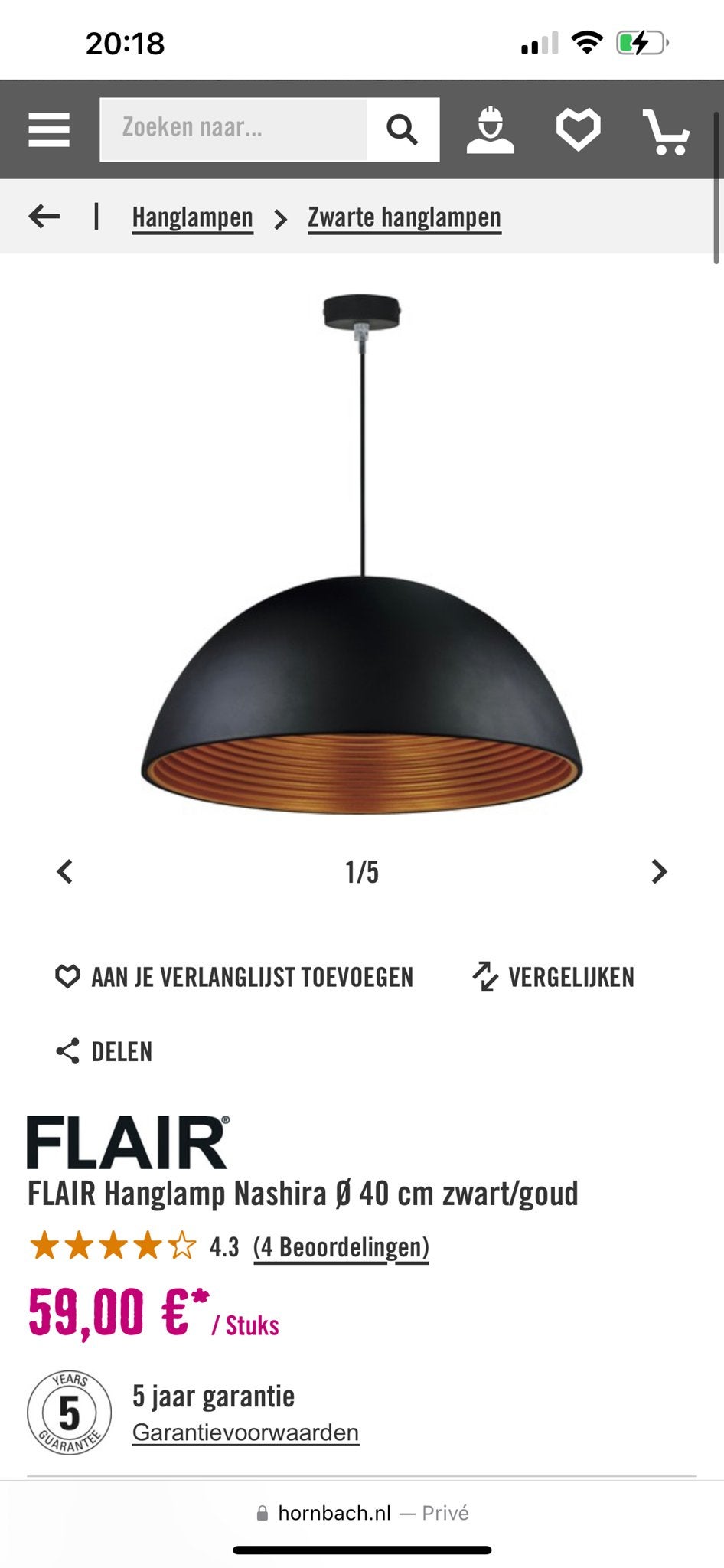 FLAIR Hanglamp Nashira Ø 40 cm zwart/goud, Huis en Inrichting, Lampen | Hanglampen, Ophalen, Zo goed als nieuw, Metaal, Minder dan 50 cm