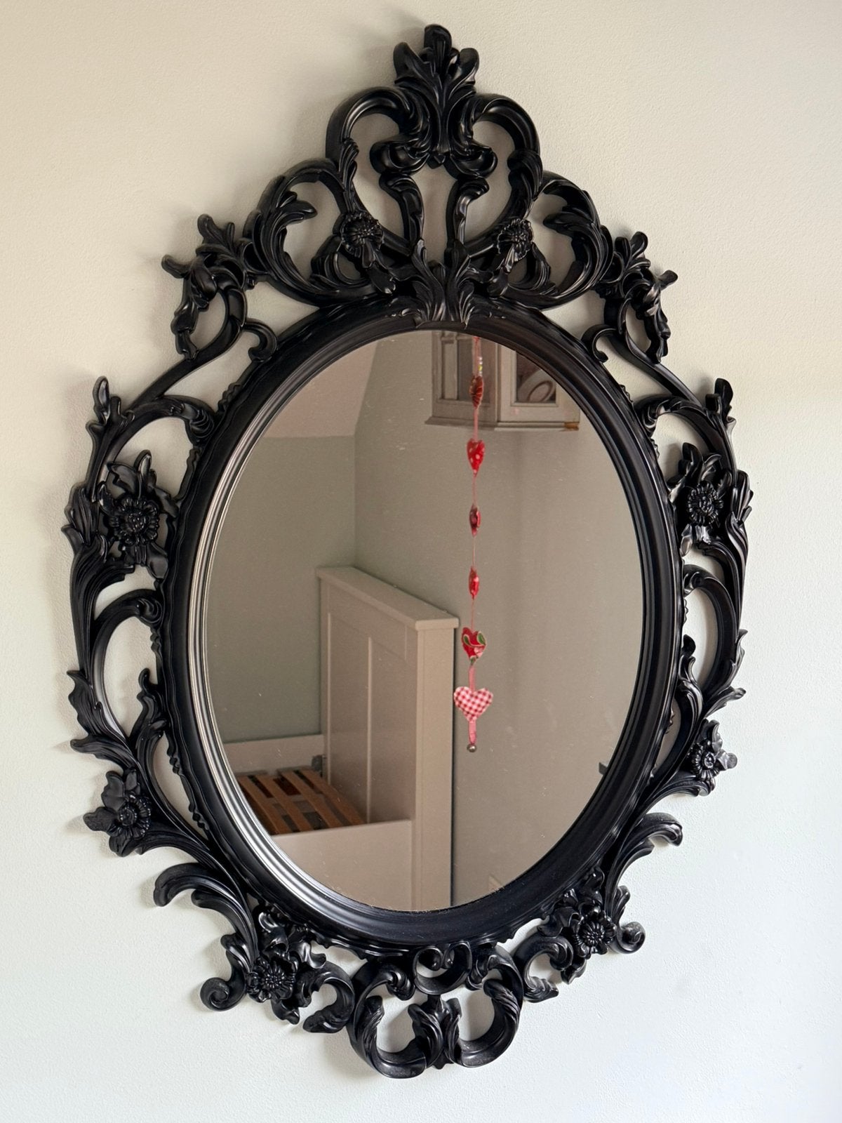 Grote zwarte barok spiegel – sierlijke brocante wandspiegel, Ophalen, Rechthoekig