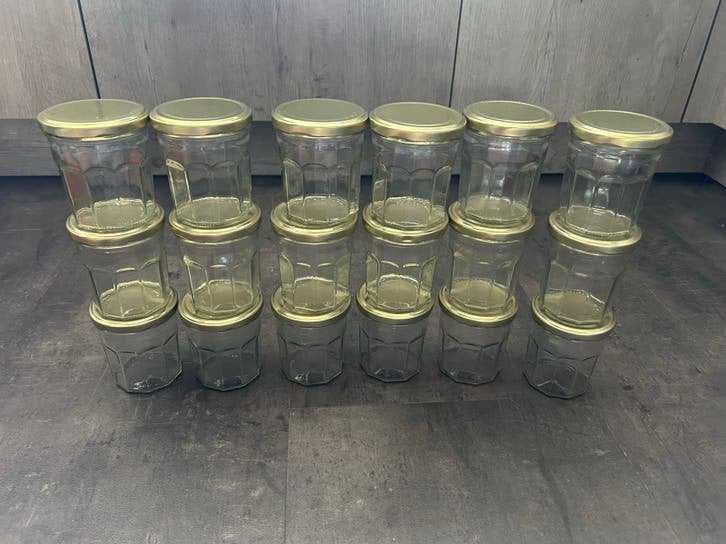 11 Glazen potjes met gouden deksel, 324ml, vriezerbestendig, Glas, Goud, Ophalen of Verzenden, Zo goed als nieuw