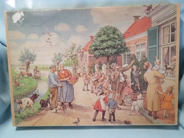 Legpuzzel oude schoolplaat Ot en Sien aap op het dak 1000 st, Ophalen of Verzenden, 500 t/m 1500 stukjes, Zo goed als nieuw, Legpuzzel