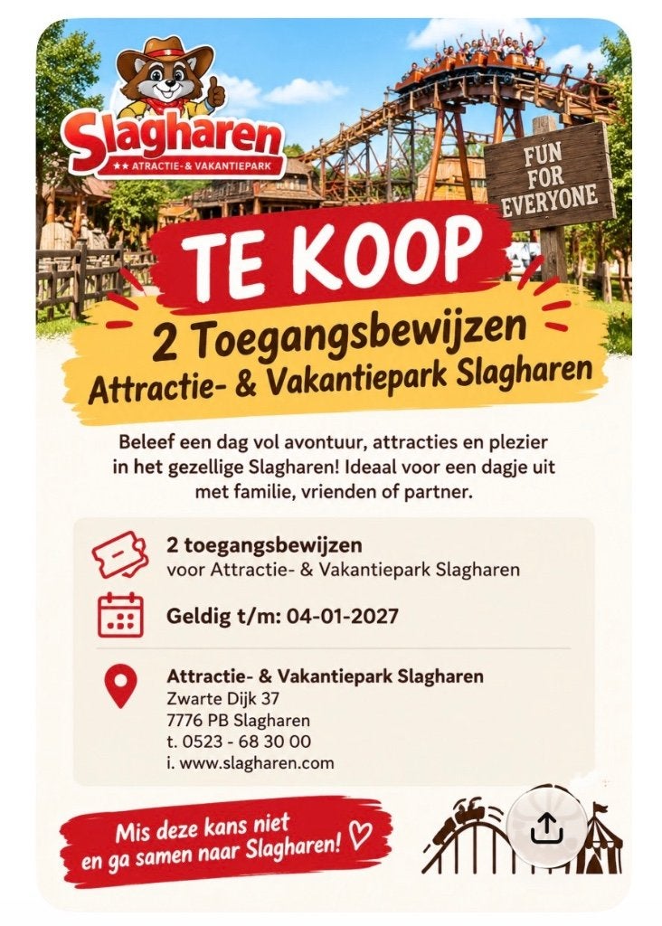 2 toegangsbewijzen Slagharen, Tickets en Kaartjes, Twee personen